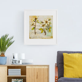  LENTE WITTE BLOEM IN VERVAAGD PAPIER POSTER