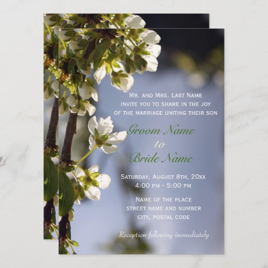 lente - witte kersen - bloeiende huwelijksuitnodig kaart (Voorkant / Achterkant)