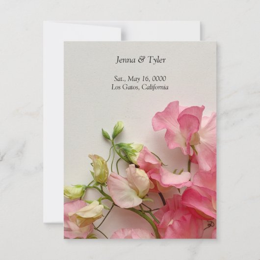 Lente zoete erwten in roze save the date (Achterkant)