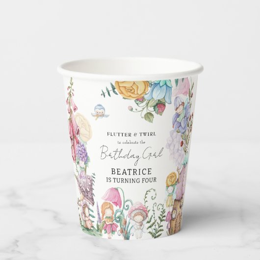 Lente Zomer Bloemen 'Kleine feeën Meisje Verjaarda Papieren Bekers (Achterkant)