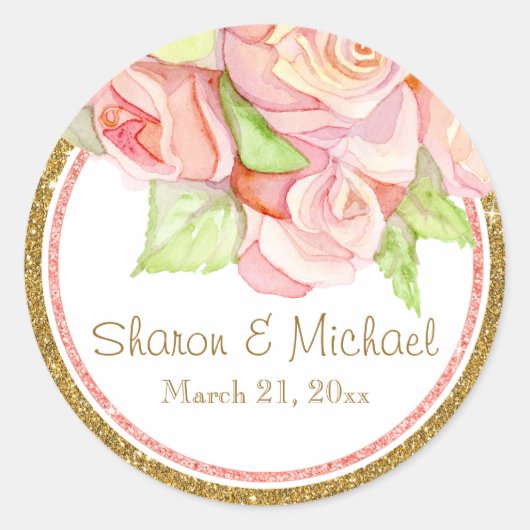 Lente Zomer Bruiloft Waterverf Rose Boeket Ronde Sticker (Voorkant)