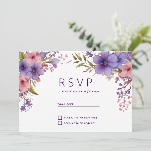 Lente zomer lavendel roze bloemen RSVP Kaart (Staand voorkant)