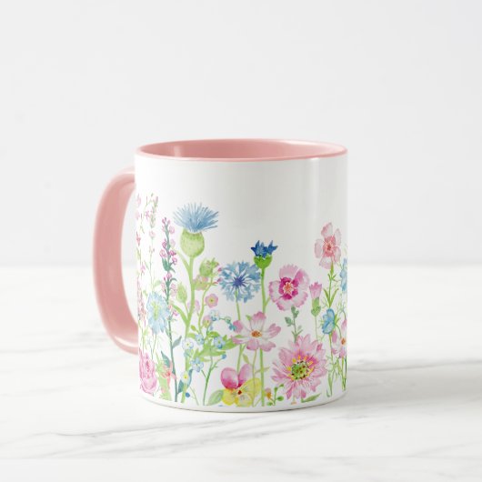 Lente zomer roze blauwe bloem weide mok (Voorkant links)