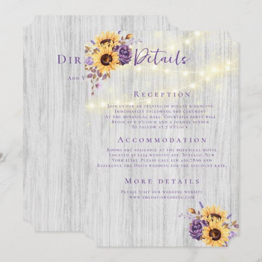 Lente Zonnebloem Paarse Pioen Bruiloft Details Kaart (Voorkant / Achterkant)