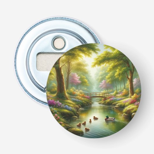 Lentebeek met eenden/bloemen button flesopener (Voorkant)