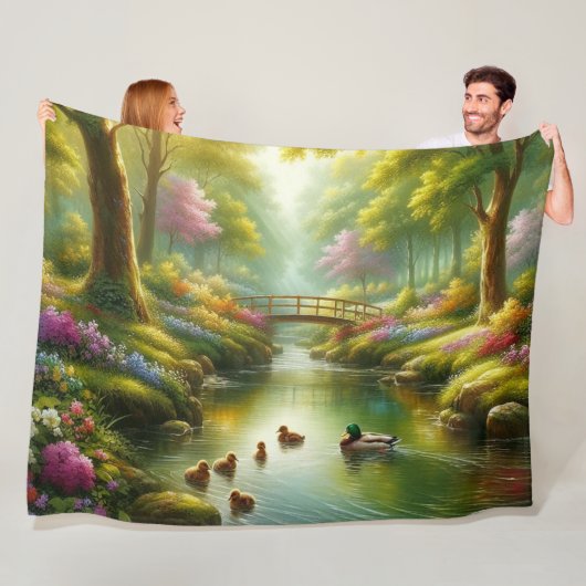 Lentebeek met eenden/bloemen fleece deken (In situ)