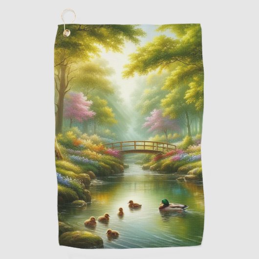 Lentebeek met eenden/bloemen golfhanddoek (Voorkant)