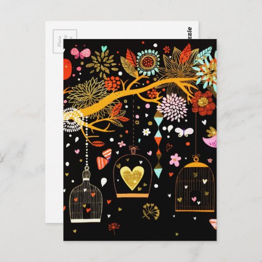 Lentebloeiende boom goud vogel verliefd briefkaart (Voorkant / Achterkant)