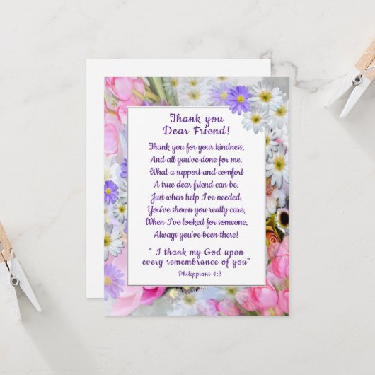 Lentebloemboeket Dankjewel Christelijke Vriendenka Kaart (Voorkant / Achterkant in situ)