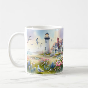 Lentebloemen bij vuurtoren kusthuisje koffiemok