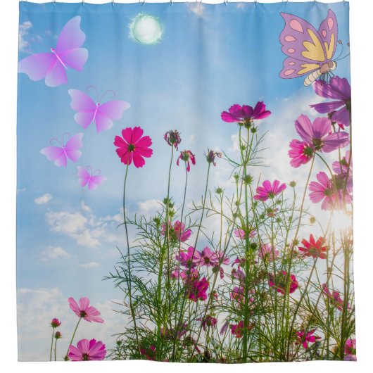 Lentebloemen en vlinder douchegordijn (Voorkant)