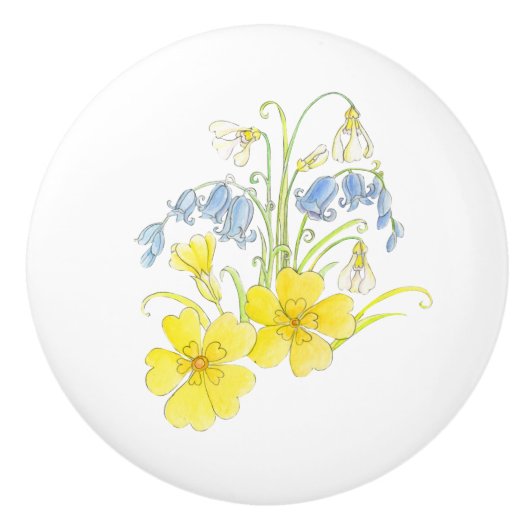 Lentebloemen geel blauw inkt en waterverf keramische knop (Voorkant)