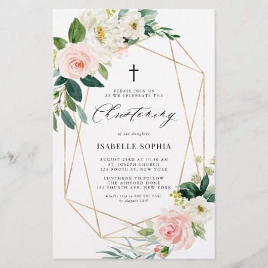 Lentebloemen Gouden Kader Doop Uitnodiging (Voorkant)