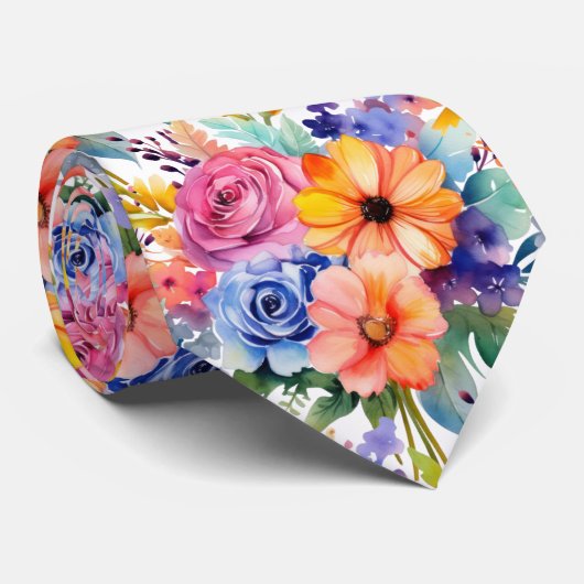 Lentebloemen Kleurrijke Regenboog Waterverf Bloemi Stropdas (Opgerold)