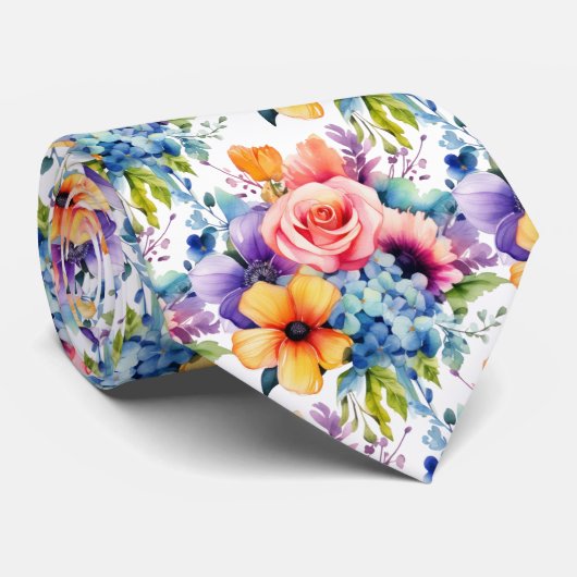 Lentebloemen Kleurrijke Regenboog Waterverf Bloemi Stropdas (Opgerold)