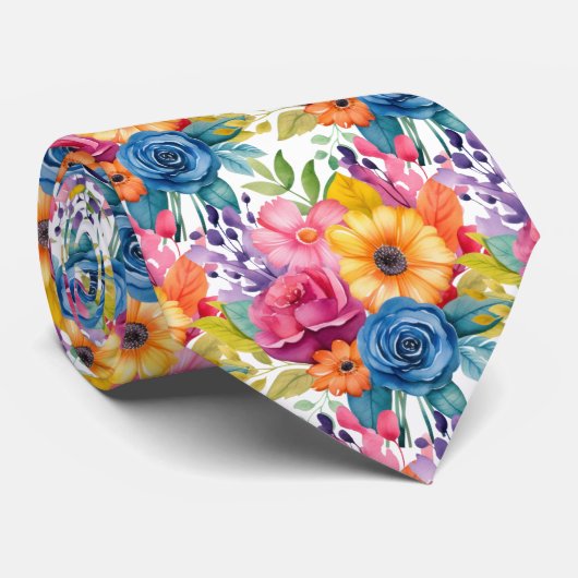 Lentebloemen Kleurrijke Regenboog Waterverf Bloemi Stropdas (Opgerold)