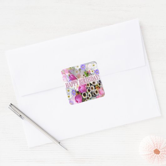  lentebloemenboeket Happy Birthday Vierkante Sticker (Envelop)