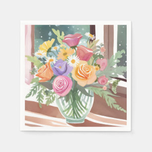 Lentebloemenboeket   Waterverf Bloemenvase Servet