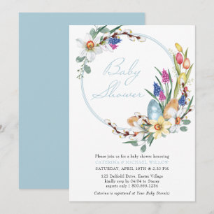 Lentebloemenkranz en Pasen-thema baby shower Kaart