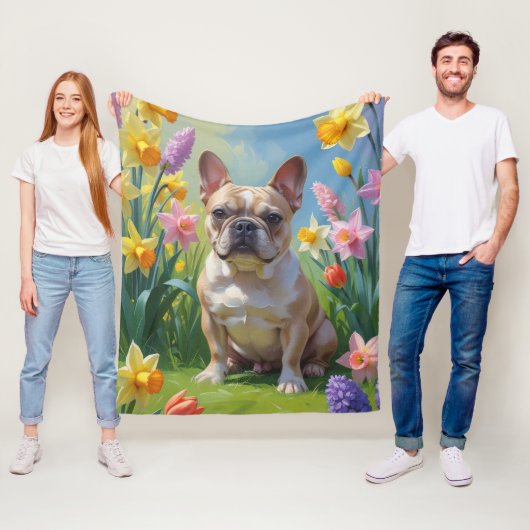 Lentebloemenschilderij van Franse Bulldog Fleece Deken (In situ)