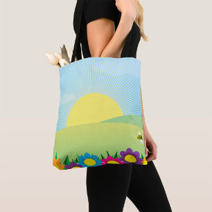 Lentebloemenzon met kleurrijke bloemen tote bag