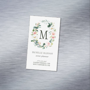 Lenteblush bloemenkrans monogram magnetisch visitekaartje