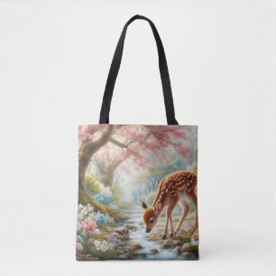 Lentebossen met eend en jong hert/herten tote bag