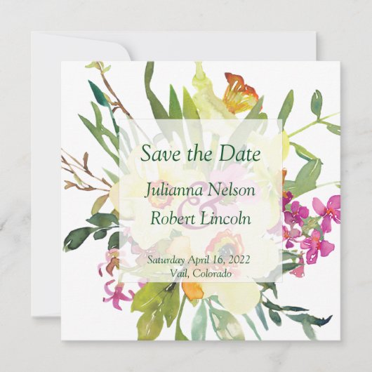 Lentebruidsboeket van narcissen save the date (Voorkant)