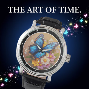 "Lentefluister" - Blauwe Vlinder Bloemstuk Horloge