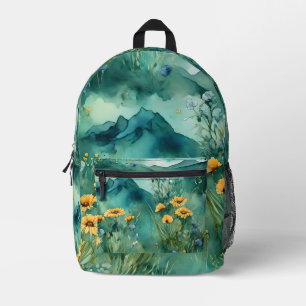 Lentegroene aquarel landschap wilde bloemen bedrukte rugzak