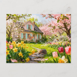 Lentehuisje met bijen, egel en bloeiende  briefkaart