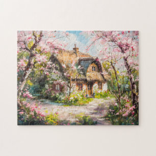 Lentehuisje met bloeiende fruitbomen legpuzzel