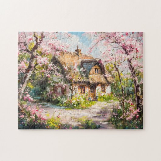 Lentehuisje met bloeiende fruitbomen legpuzzel (Horizontaal)