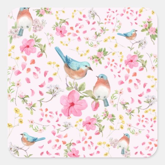 Lentekleurige vogels en bloemen vierkante sticker (Voorkant)