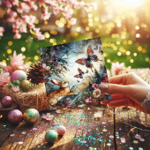 Lentekonijn en vlinders Glas in lood Pasen Feestdagenkaart