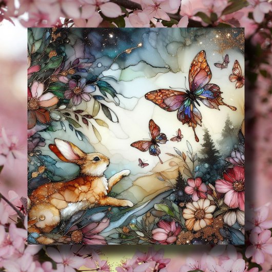 Lentekonijn en vlinders Glas in lood Pasen Feestdagenkaart