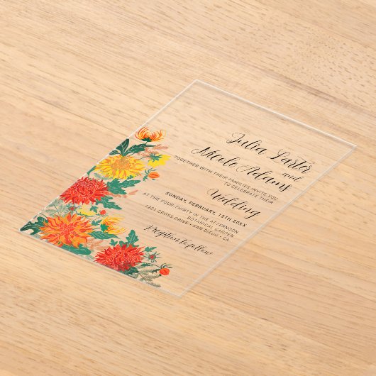 Lentekrans van Pastel Dahlia Wilde Bloemen Bruilof Acryl Uitnodigingen (Laagn)