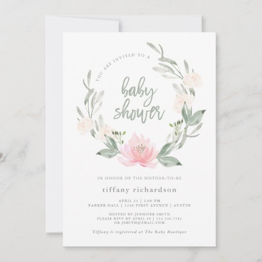 lentekrans | Waterverf Floral Baby shower Kaart (Voorkant)