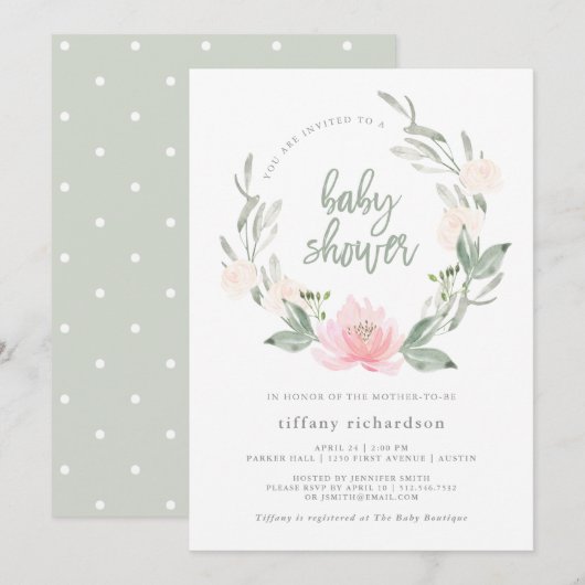 lentekrans | Waterverf Floral Baby shower Kaart (Voorkant / Achterkant)