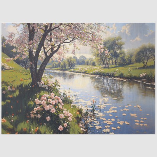 Lentelandschap Bloeiende Boom Decoupage Tissuepapier (Voorkant)