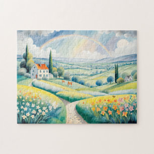 Lentelandschap met regenboog over Italiaanse heuve Legpuzzel