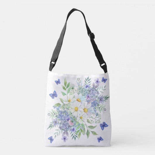  lentemadeliefjes, blauwe bloemen & vlinders crossbody tas (Achterkant)