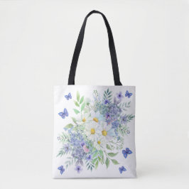 lentemadeliefjes, blauwe bloemen & vlinders tote bag