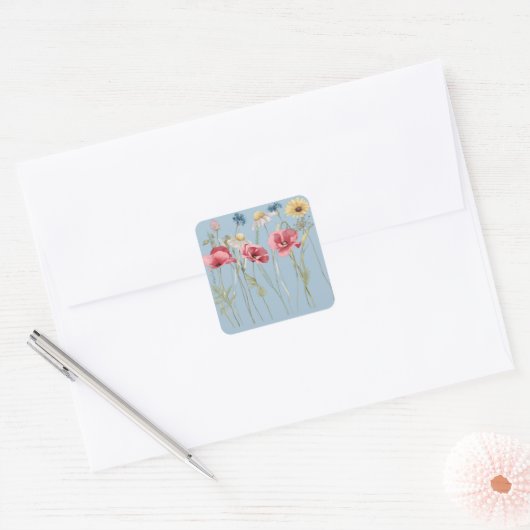 Lentemakbloemen weideblauw vierkante sticker (Envelop)