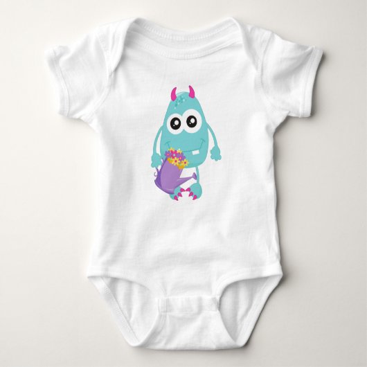 lentemonster, blauw monster, bloemen, paarden romper (Voorkant)