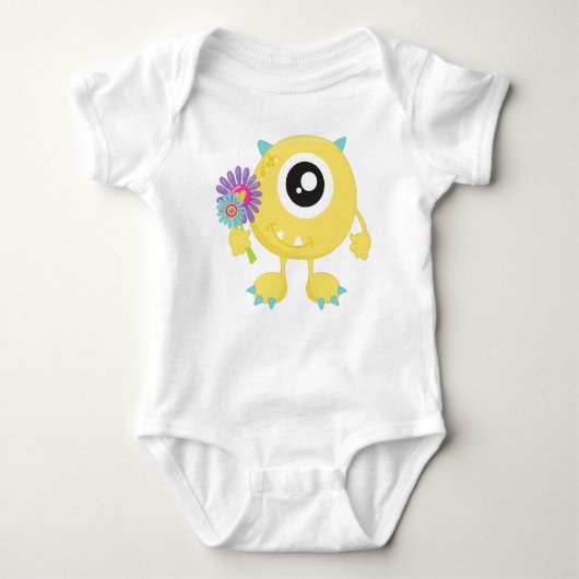 lentemonster, geel monster, bloemen, paarden romper (Voorkant)