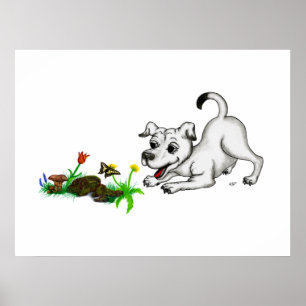 Lenteontwaken, Puppy met Bloemen en Vlinder Poster