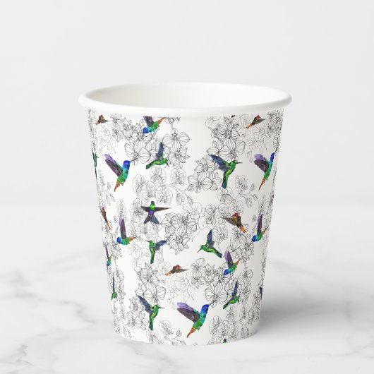 Lentepapier met kleurrijke vogels die vliegen in o papieren bekers (Voorkant)