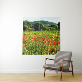 Lentepoppies Meadow en Mountain Landscape Wandkleed