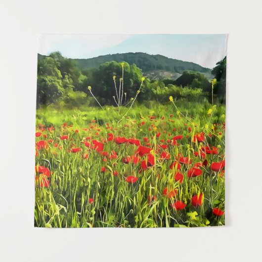 Lentepoppies Meadow en Mountain Landscape Wandkleed (Voorkant)